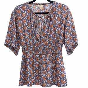 Joie Renae Floral Blouse | Blue & Rust | Elastic Waist | Size M